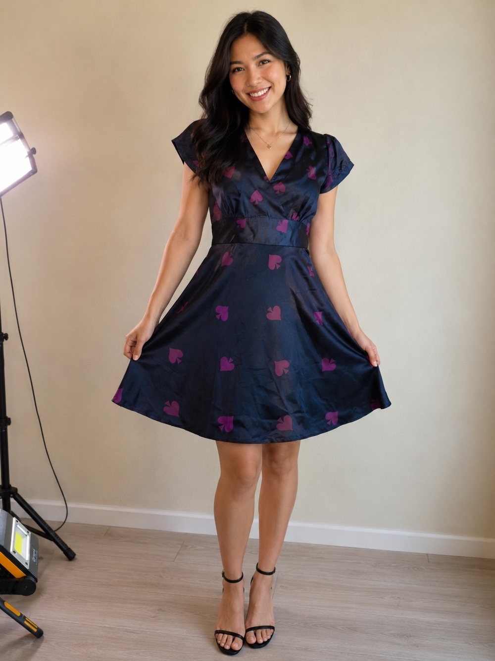 Jack BB Dakota Navy Fit-and-Flare Dress with Purple Heart Print L